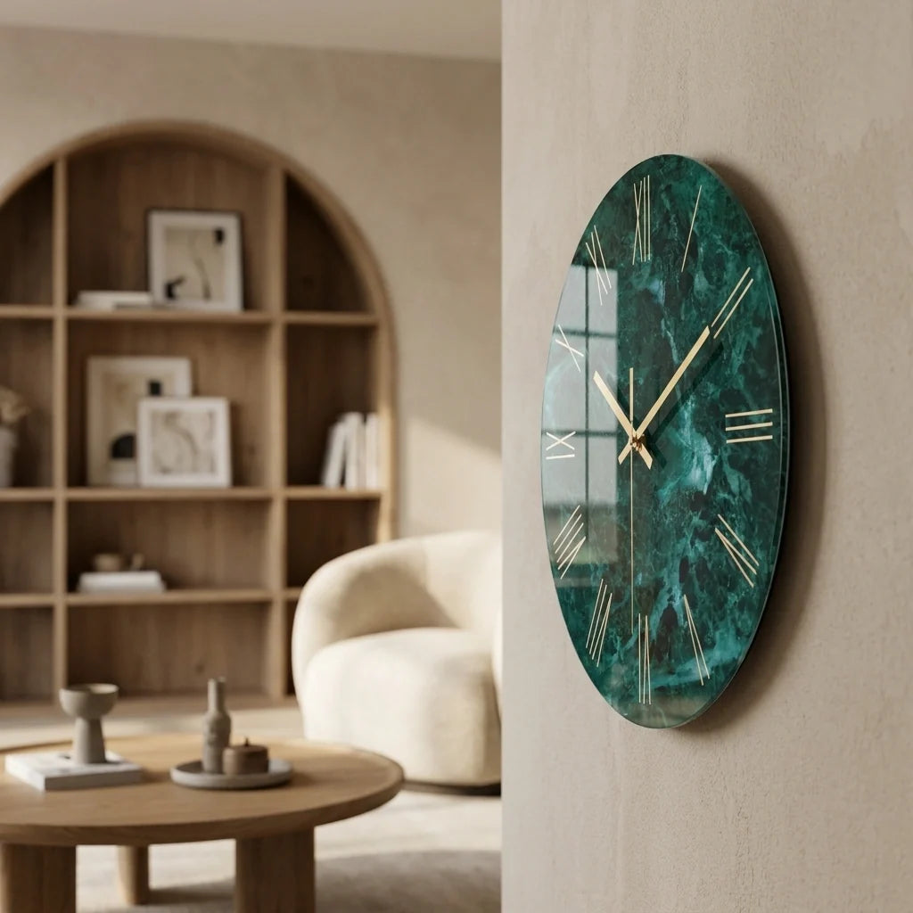 Horloge Murale en Verre Effet Marbre Emeraude