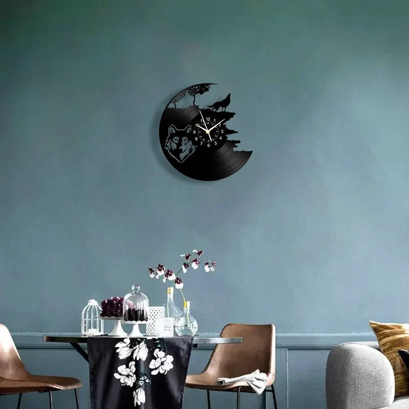 Horloge Murale Design Loup Rugissant Vinyle Noir Art Déco