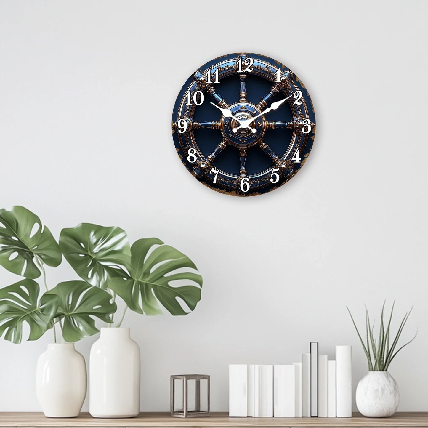 Horloge Murale Design Roue de Navire Or et Bleu