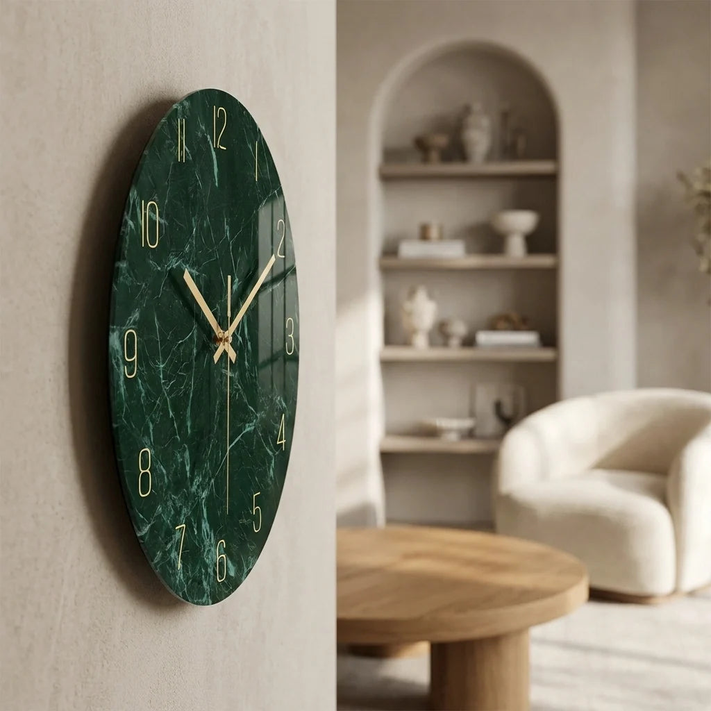 Horloge Murale en Verre Effet Marbre Emeraude Foncé