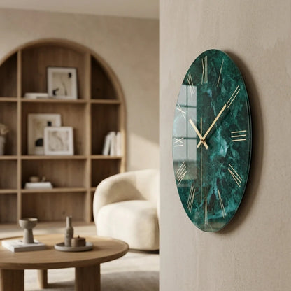 Horloge Murale en Verre Effet Marbre Emeraude