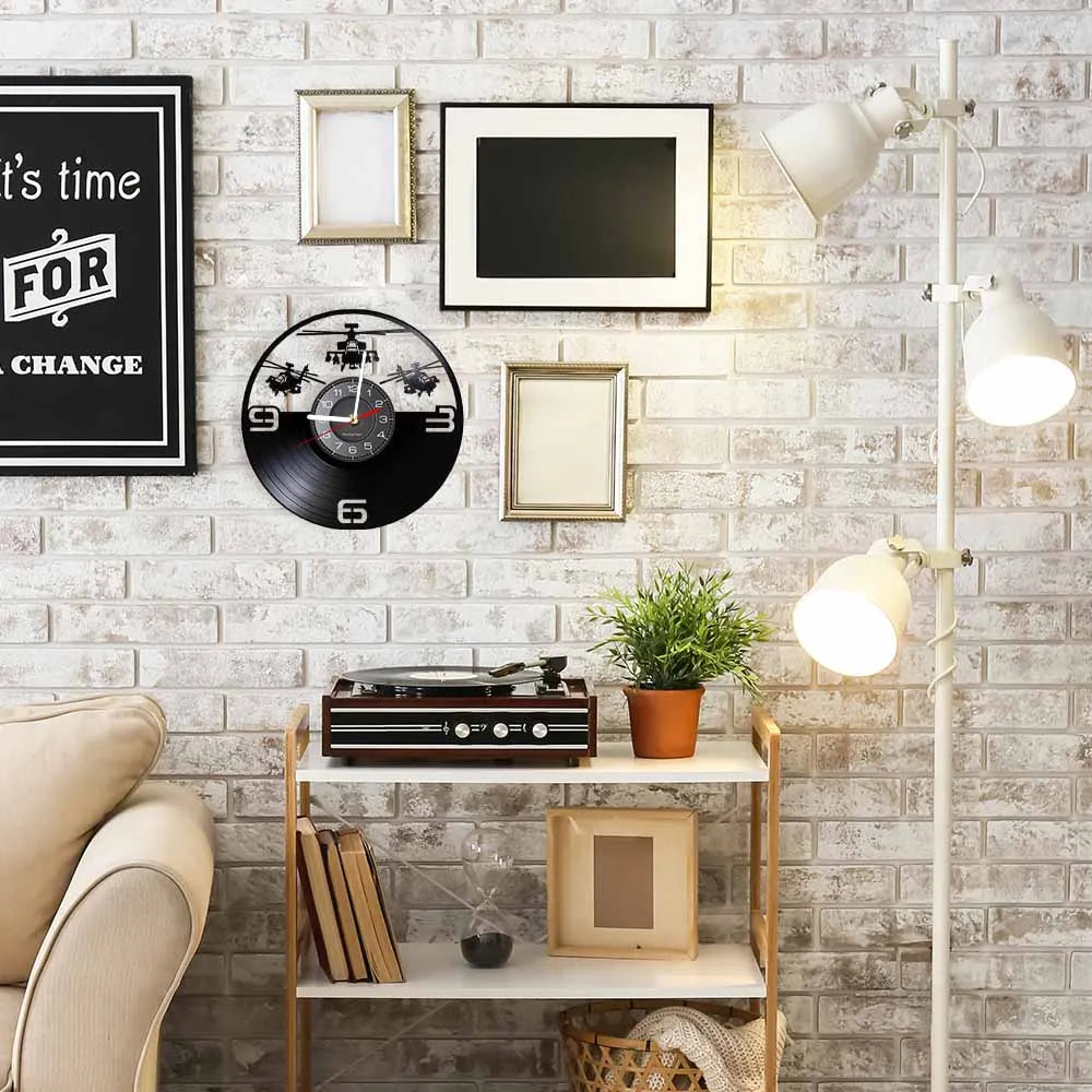 Horloge Murale LED Design Hélicoptère Vinyle Noir