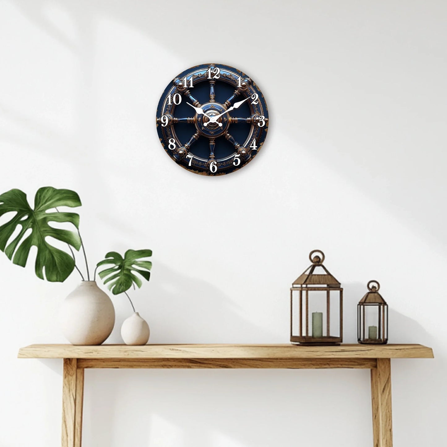 Horloge Murale Design Roue de Navire Or et Bleu