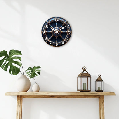 Horloge Murale Design Roue de Navire Or et Bleu