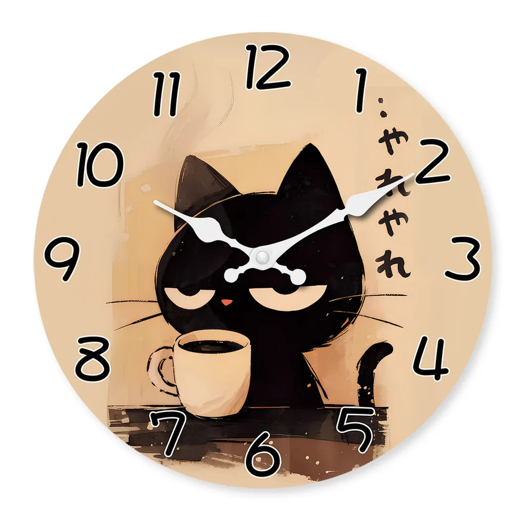 Horloge Chat Noir Buvant du Café Style Rétro