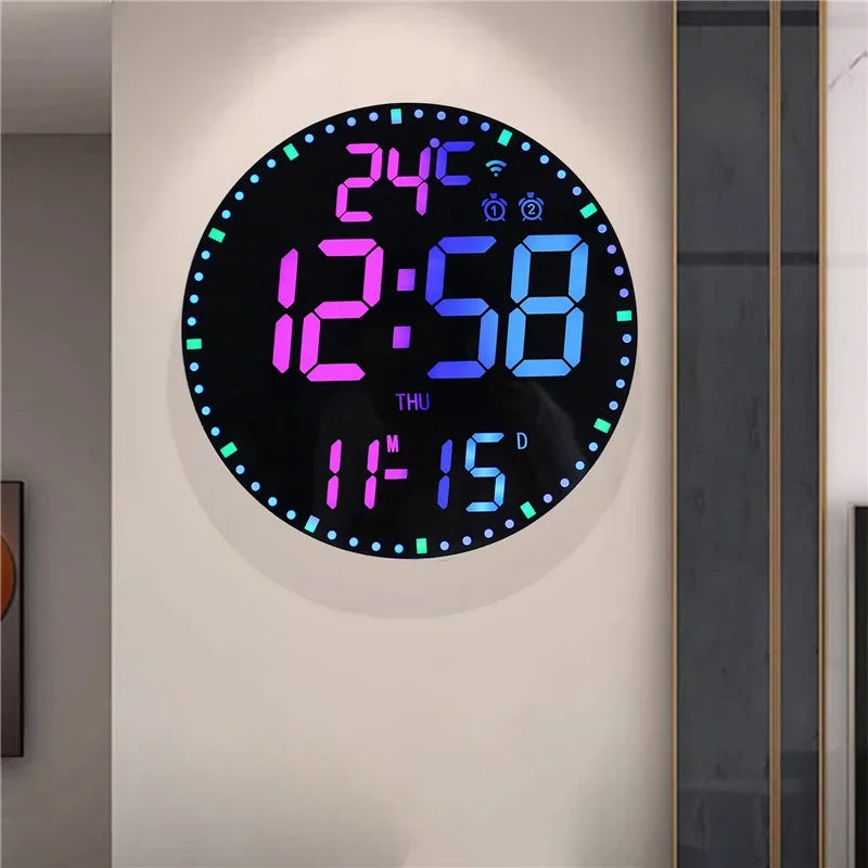 Horloge Murale Digitale LED Colorée avec Double Alarme Moderne