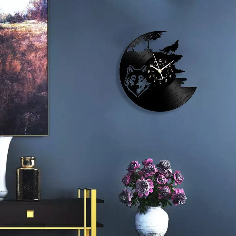 Horloge Murale Design Loup Rugissant Vinyle Noir Art Déco