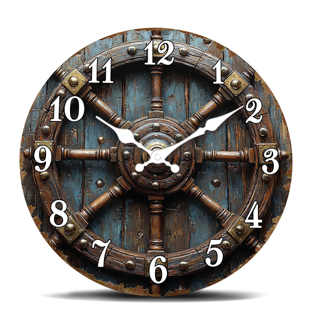 Horloge Murale Vintage Roue de Navire Déco Nautique