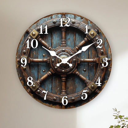 Horloge Murale Vintage Roue de Navire Déco Nautique