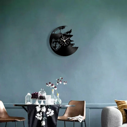 Horloge Murale Design Loup Rugissant Vinyle Noir Art Déco