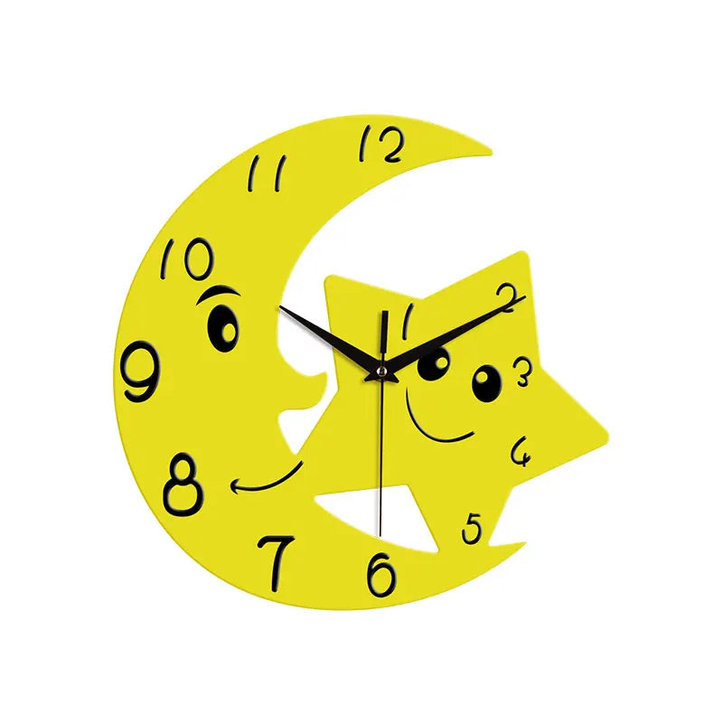 Horloge Murale Enfant Lune et Étoile Jaune