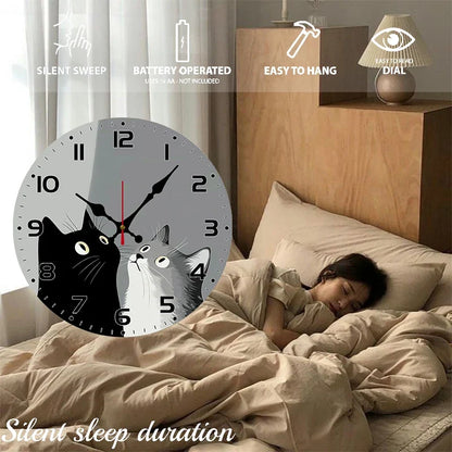 Horloge Murale Silencieuse Chats Noir Et Blanc En Bois