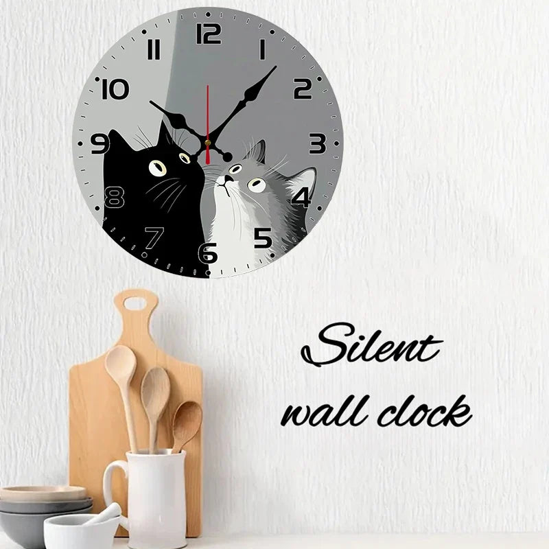 Horloge Murale Silencieuse Chats Noir Et Blanc En Bois