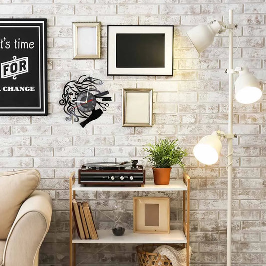 Horloge Murale Rétro Vinyle Noir Coiffure Stylistes