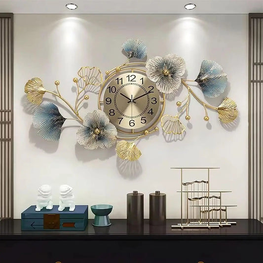 Horloge Murale en Métal Feuille de Ginkgo Grand Format