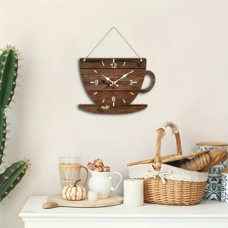 Horloge Murale Silencieuse Bois Forme Tasse de Café