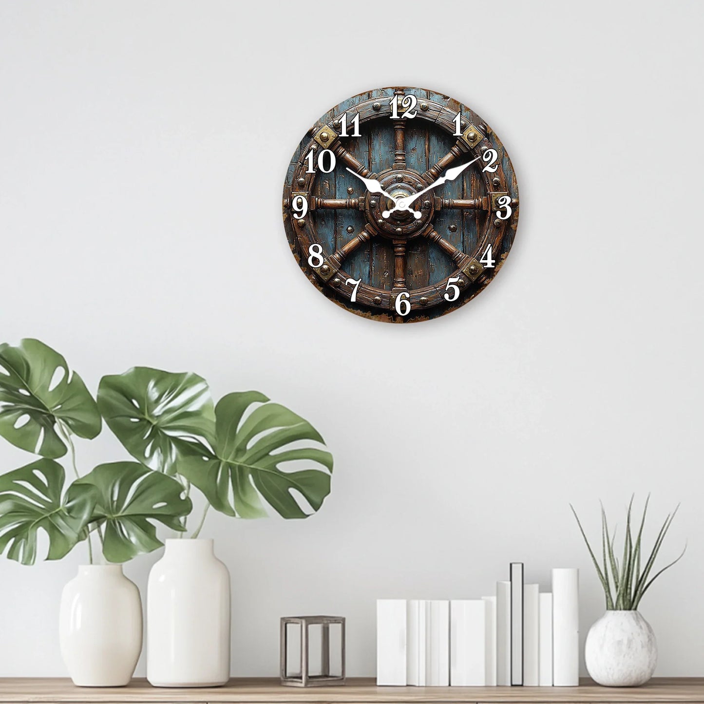 Horloge Murale Vintage Roue de Navire Déco Nautique