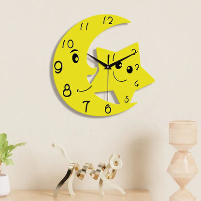 Horloge Murale Enfant Lune et Étoile Jaune