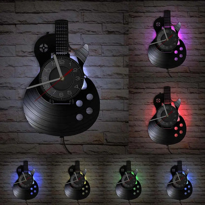Horloge Murale LED Design Vinyle Guitare Noire