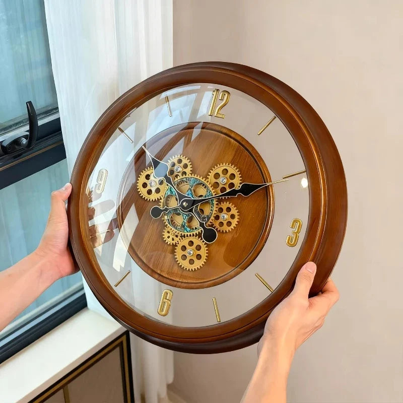 Horloge Murale en Bois de Luxe avec Engrenages