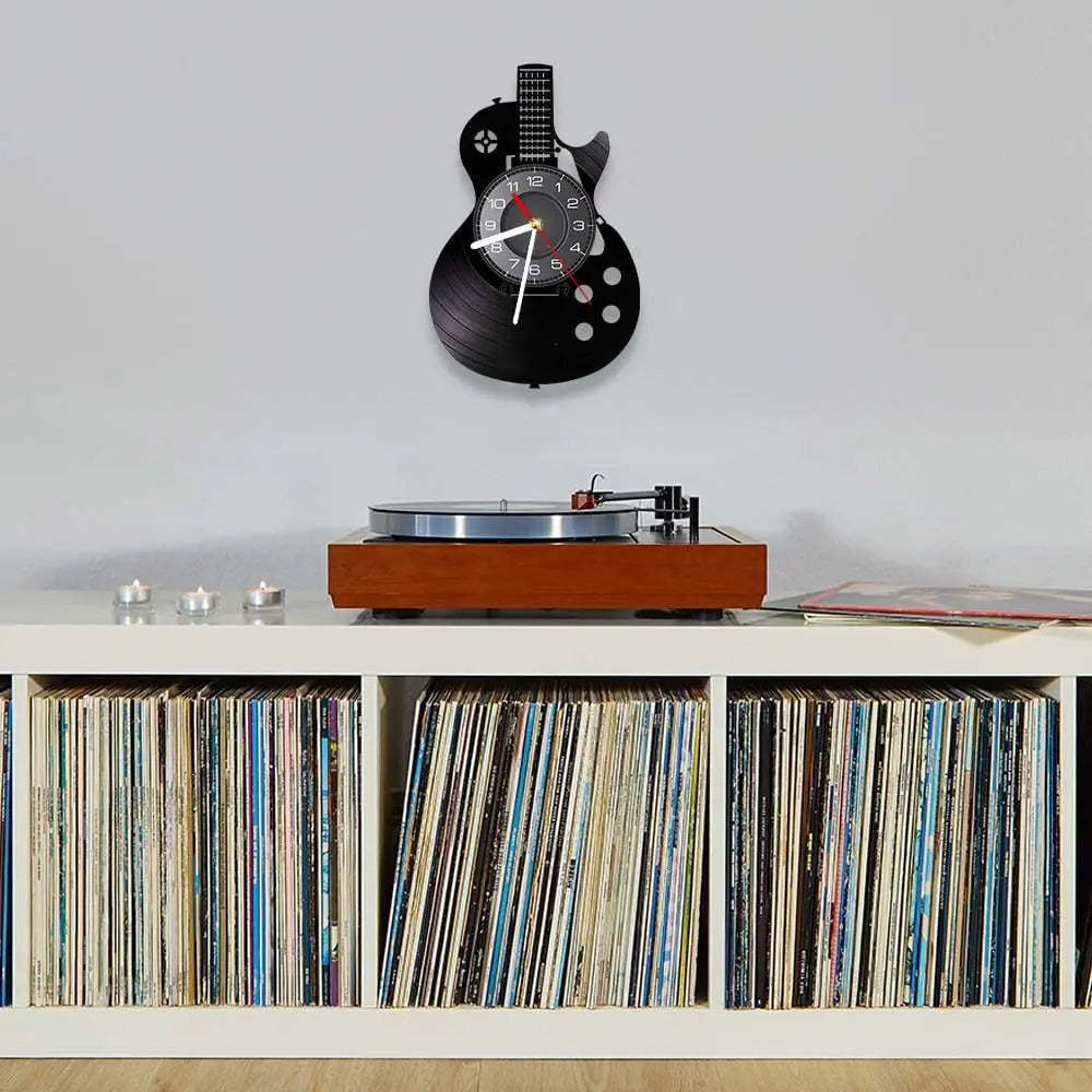 Horloge Murale LED Design Vinyle Guitare Noire