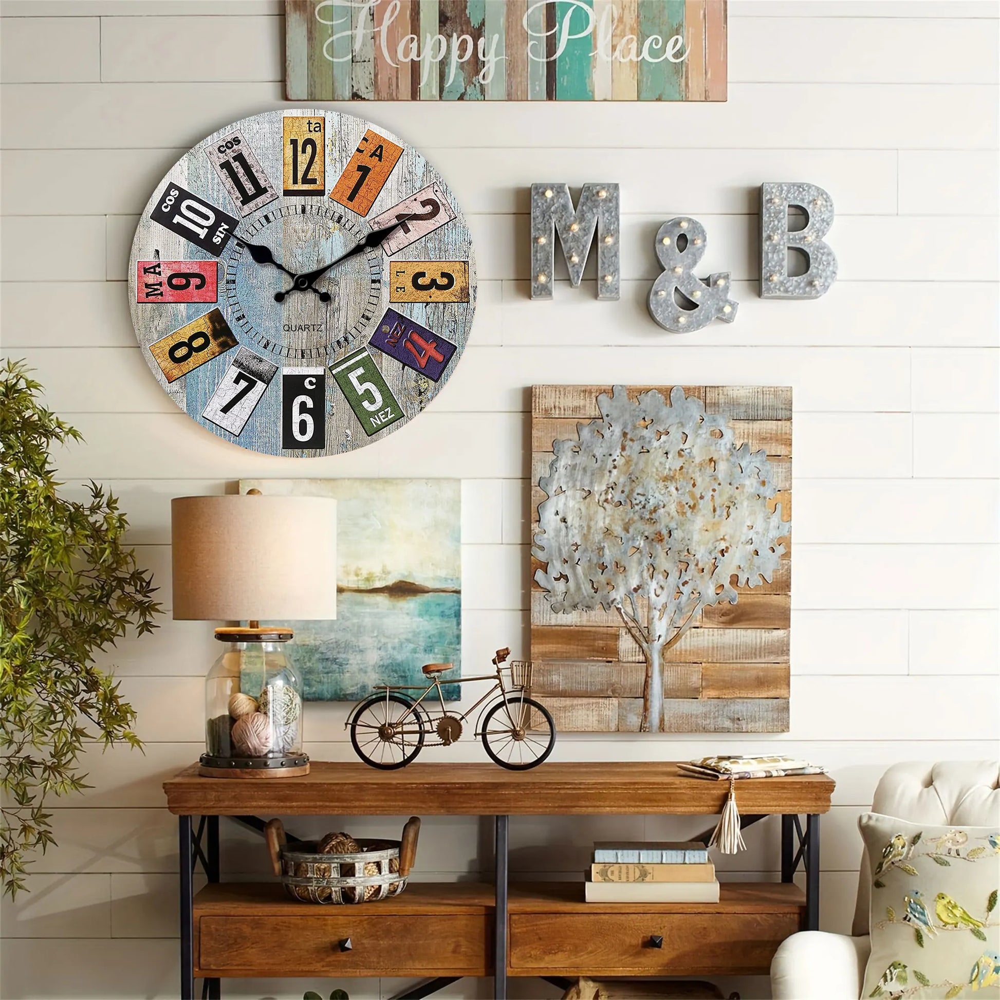 Horloge Murale Scandinave Bois Bleu Chiffres Colorés