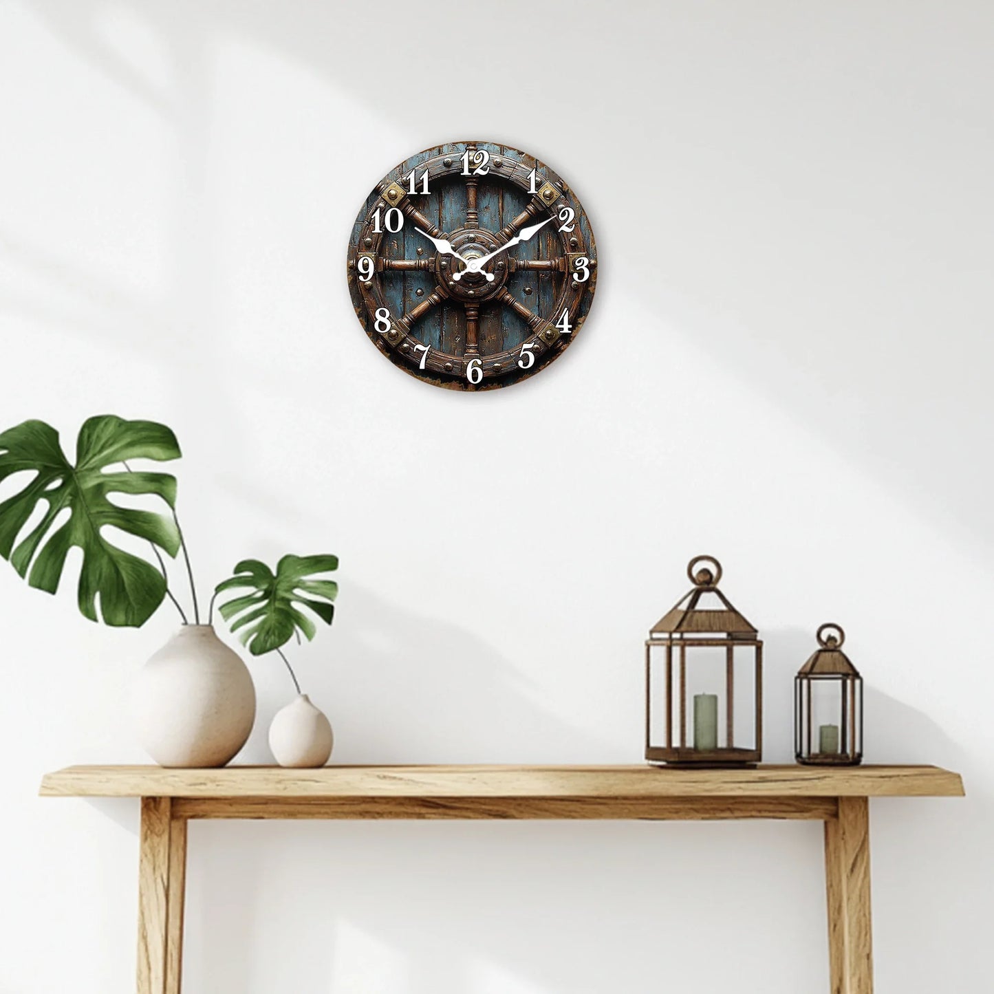 Horloge Murale Vintage Roue de Navire Déco Nautique