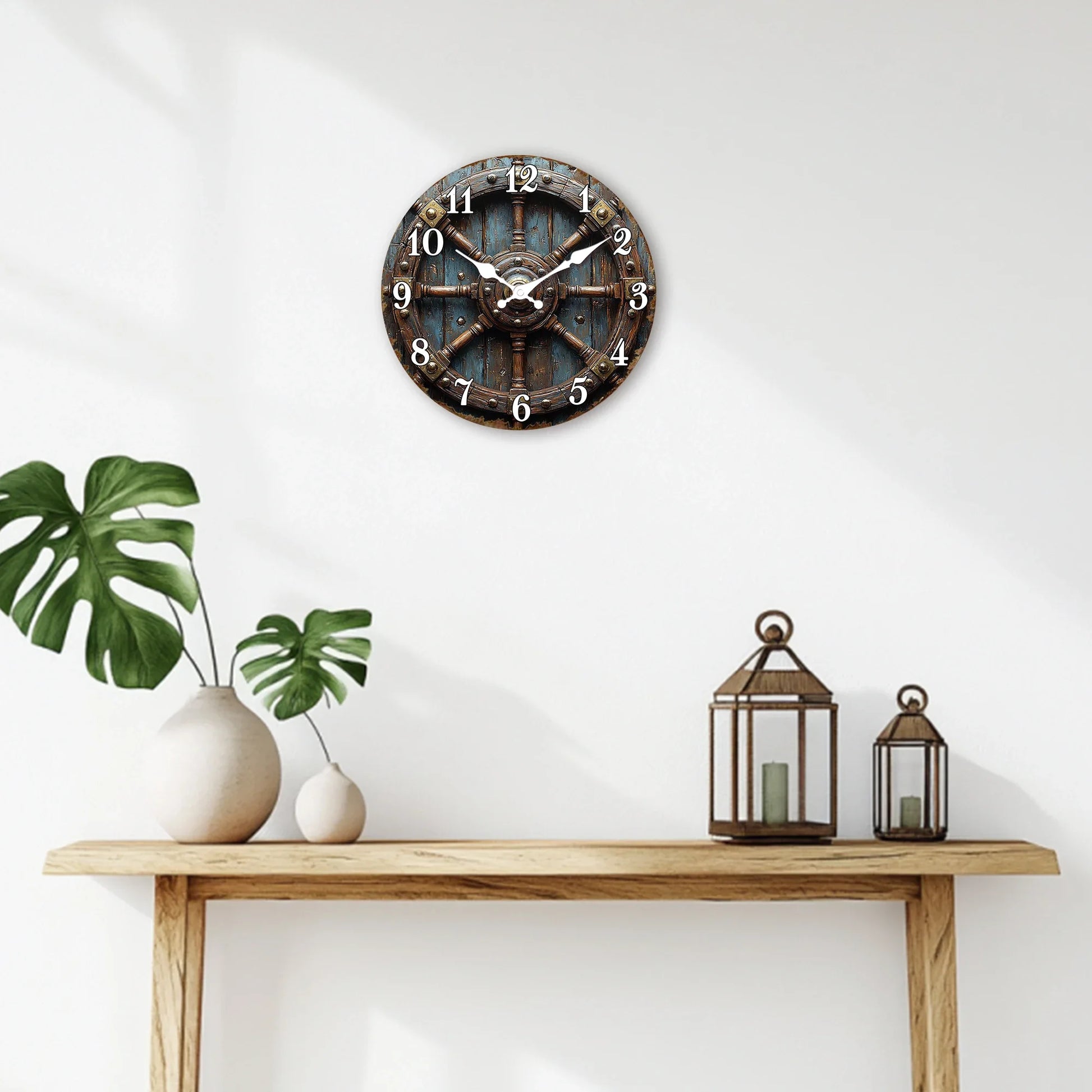 Horloge Murale Vintage Roue de Navire Déco Nautique