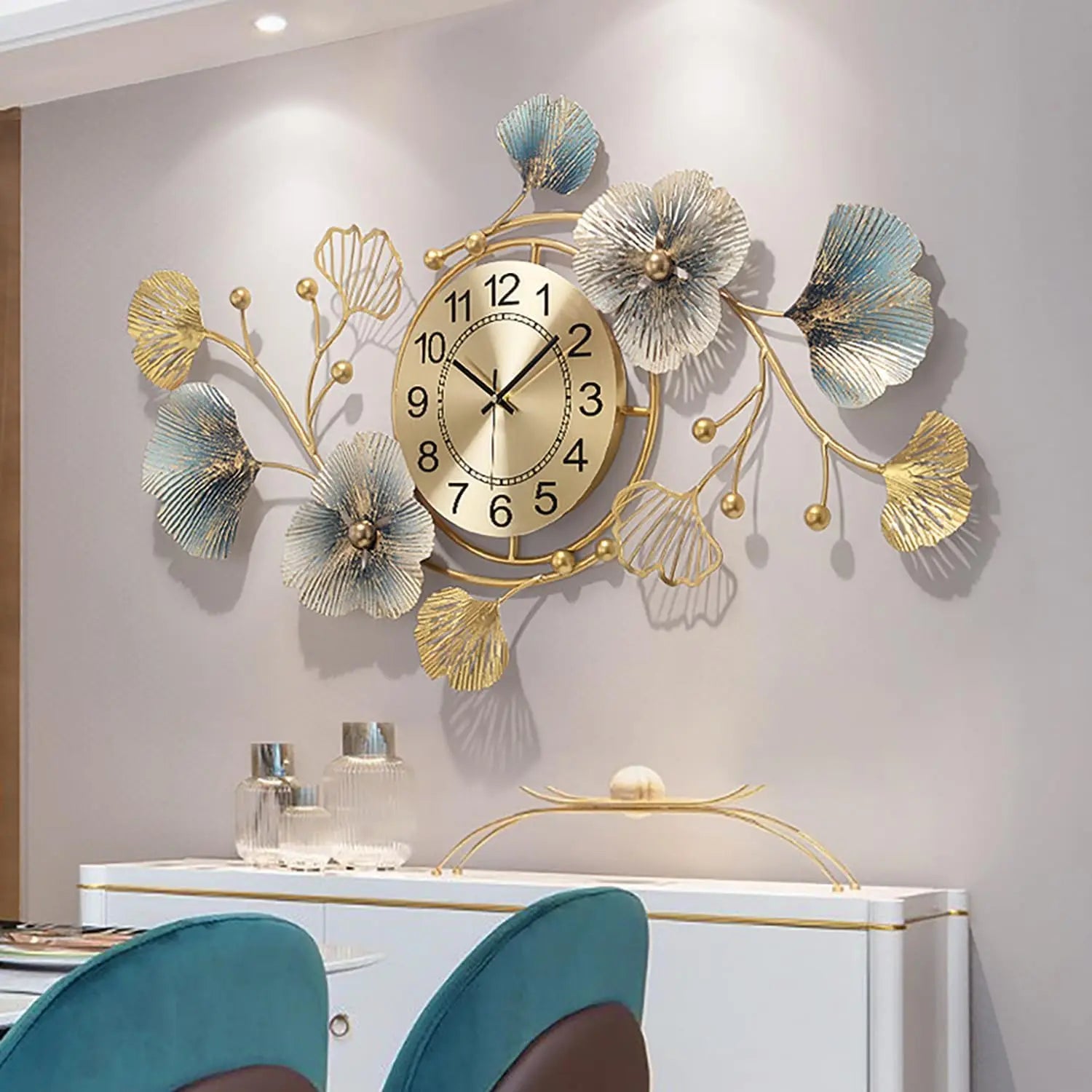 Horloge Murale en Métal Feuille de Ginkgo Grand Format