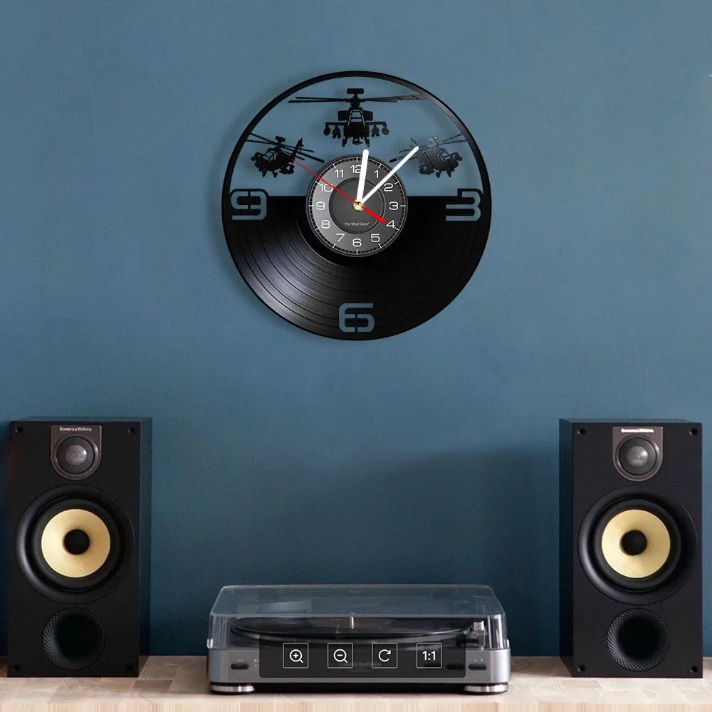 Horloge Murale LED Design Hélicoptère Vinyle Noir