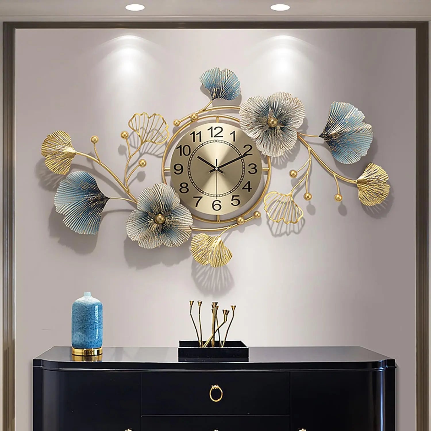 Horloge Murale en Métal Feuille de Ginkgo Grand Format