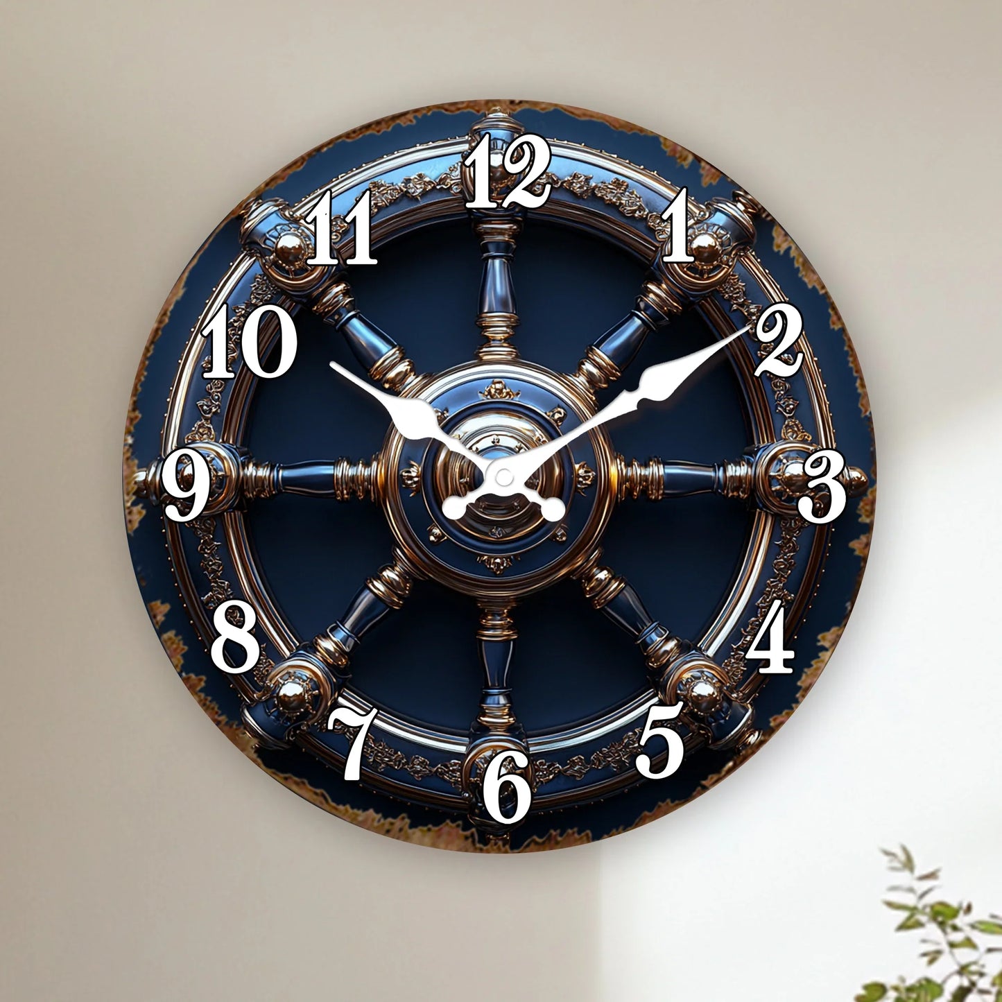 Horloge Murale Design Roue de Navire Or et Bleu