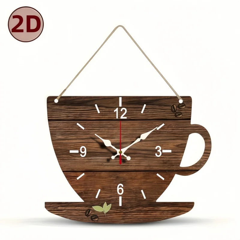 Horloge Murale Silencieuse Bois Forme Tasse de Café