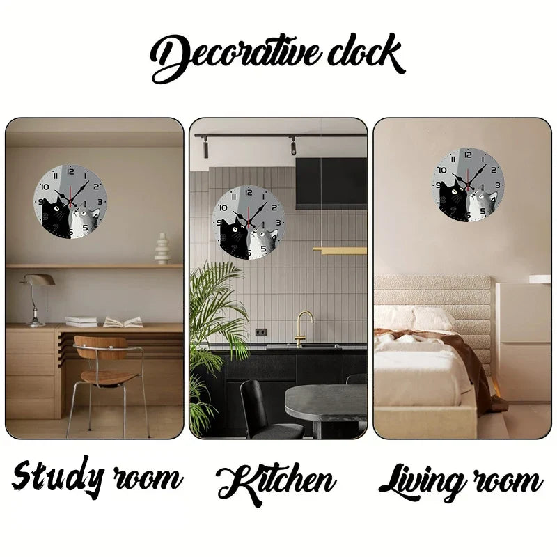 Horloge Murale Silencieuse Chats Noir Et Blanc En Bois