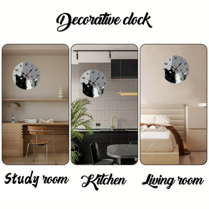 Horloge Murale Silencieuse Chats Noir Et Blanc En Bois