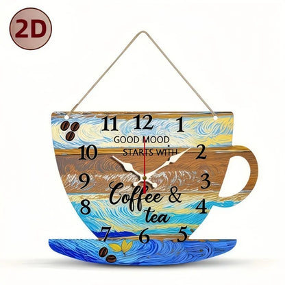 Horloge Murale Silencieuse Bois Forme Tasse de Café