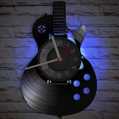 Horloge Murale LED Design Vinyle Guitare Noire