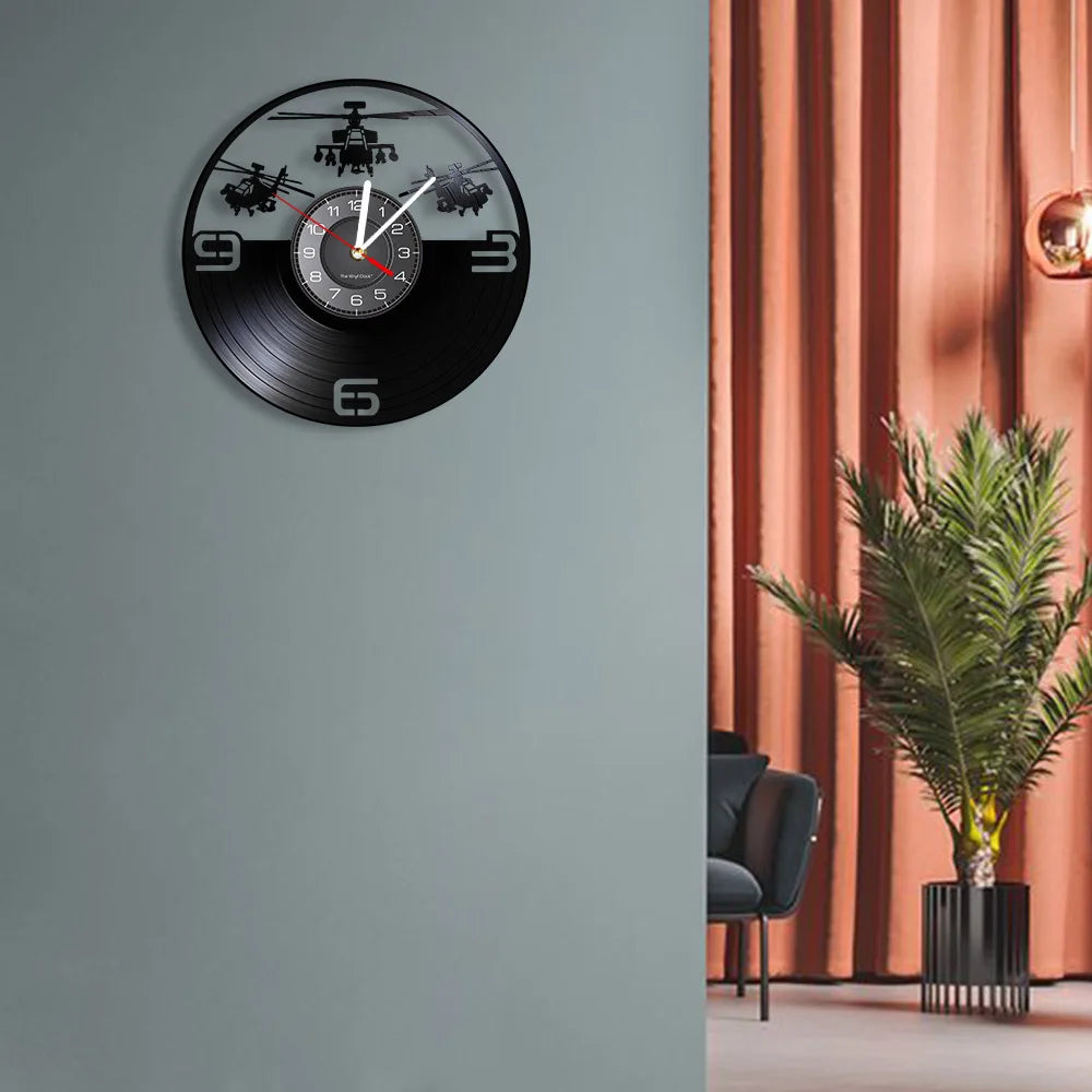 Horloge Murale LED Design Hélicoptère Vinyle Noir