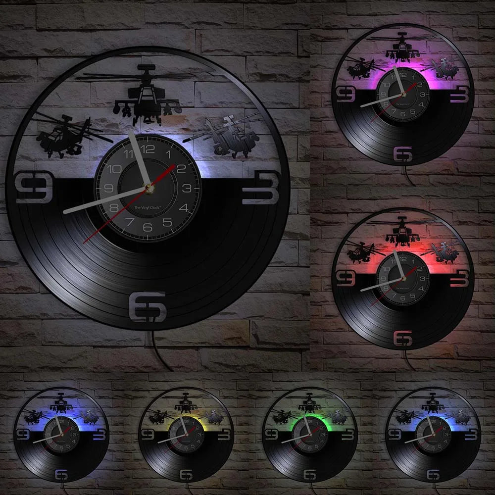 Horloge Murale LED Design Hélicoptère Vinyle Noir