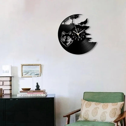 Horloge Murale Design Loup Rugissant Vinyle Noir Art Déco