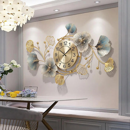 Horloge Murale en Métal Feuille de Ginkgo Grand Format