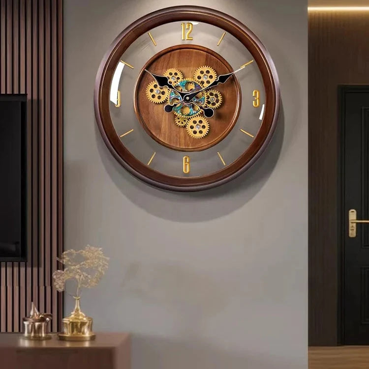 Horloge Murale en Bois de Luxe avec Engrenages