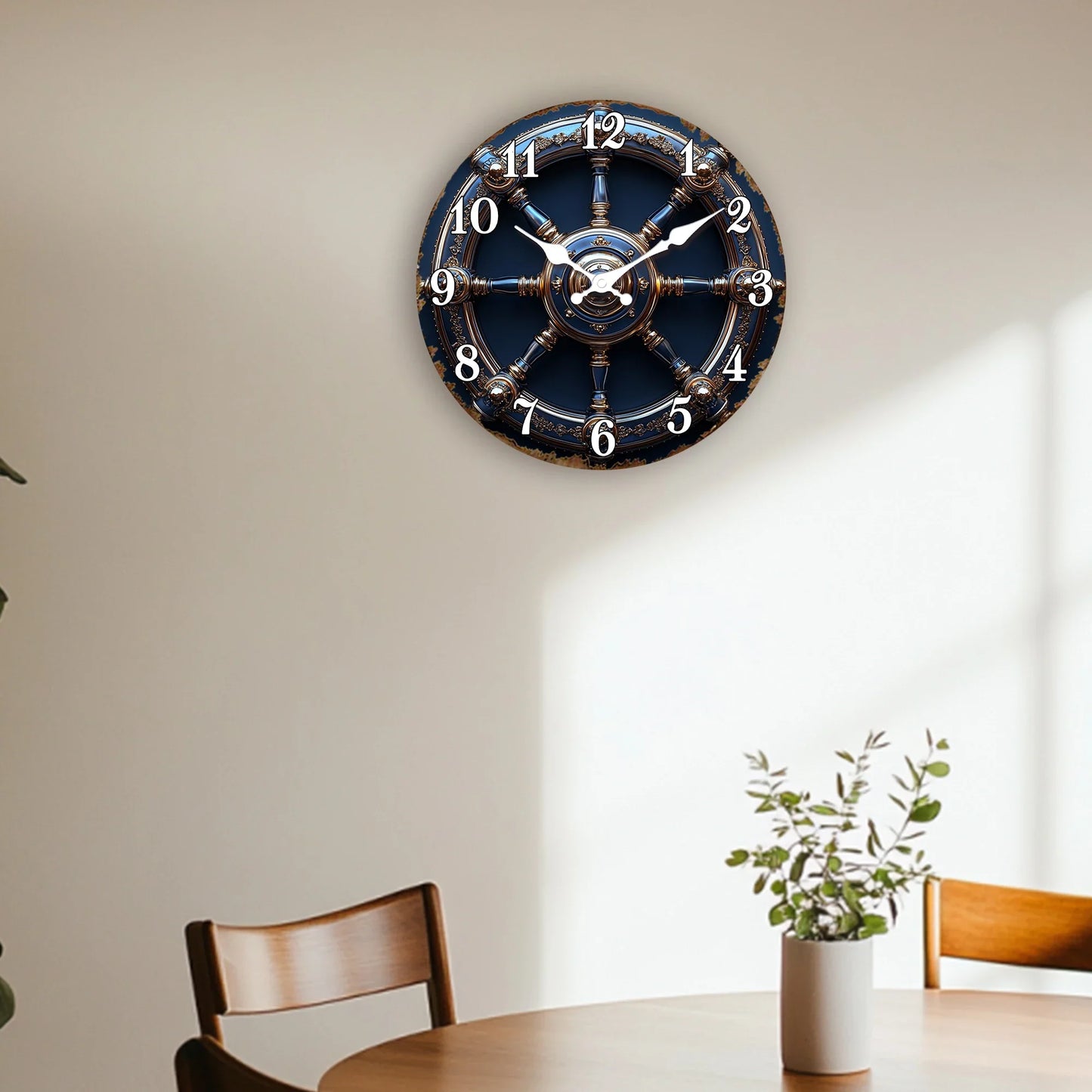 Horloge Murale Design Roue de Navire Or et Bleu