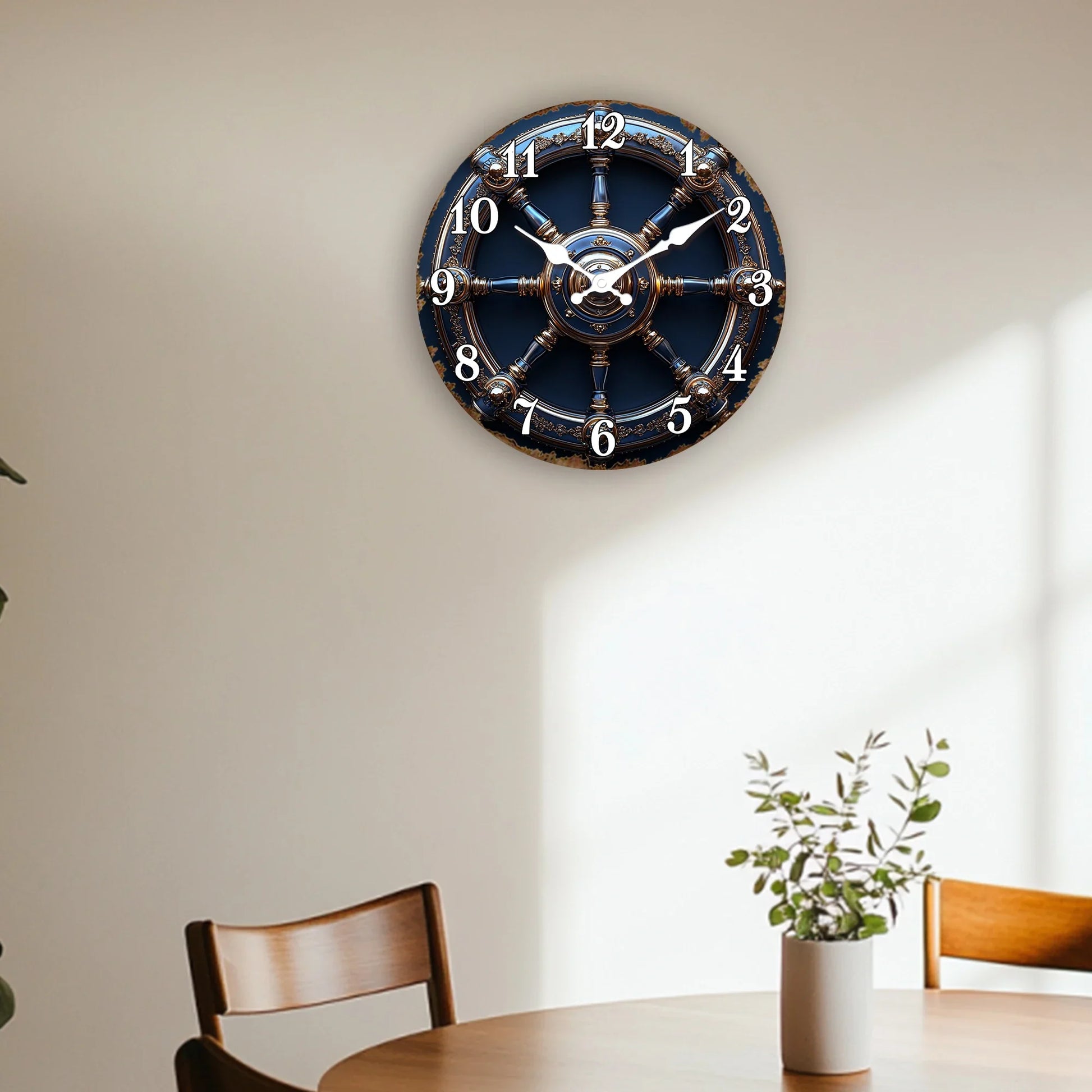 Horloge Murale Design Roue de Navire Or et Bleu