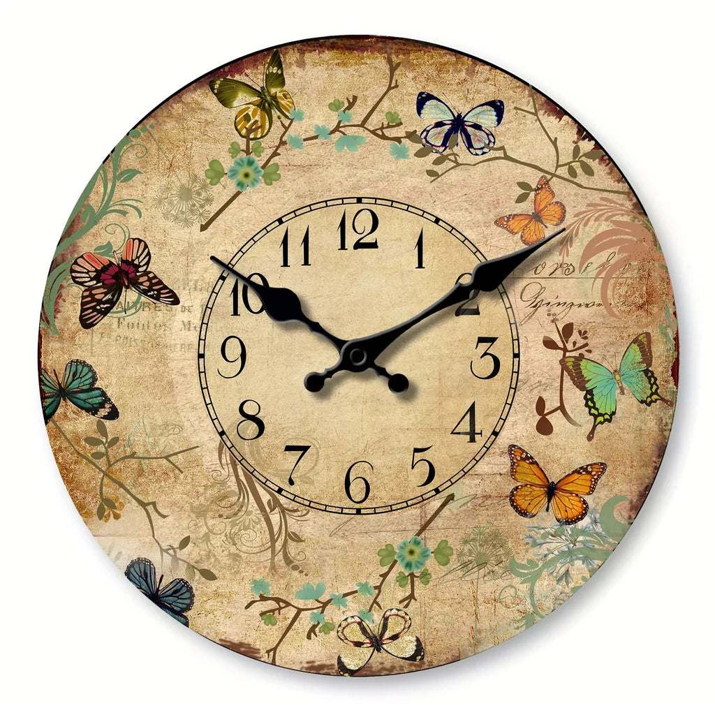 Horloge Murale Rétro en Bois Fleurs et Papillons Colorés