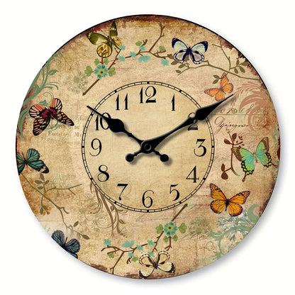 Horloge Murale Rétro en Bois Fleurs et Papillons Colorés