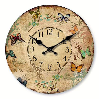 Horloge Murale Rétro en Bois Fleurs et Papillons Colorés