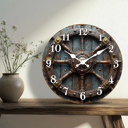 Horloge Murale Vintage Roue de Navire Déco Nautique