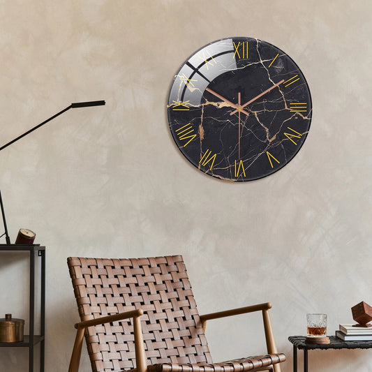 Horloge Chiffre Romain Marbre Noir & Doré