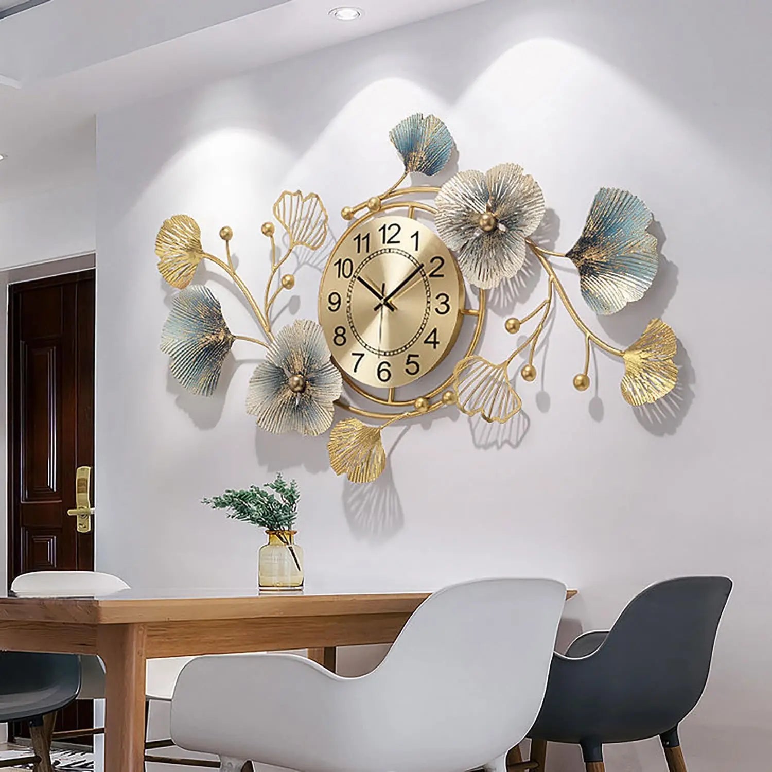 Horloge Murale en Métal Feuille de Ginkgo Grand Format
